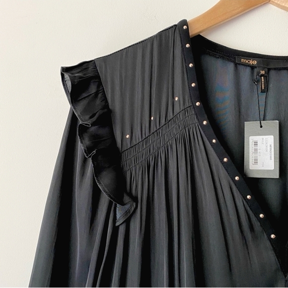 🍒NWT🍒 MAJE STUDDED SATIN MINI DRESS - Picture 11 of 12